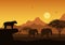 Realistic illustration of African safari with mountain landscape and trees, lion and elephant. Giraffe and flying bird. Under the