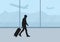 Realistic illustration of airport lounge with window and airplane on background. Man tourist with suitcase goes and waits for