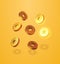 Realistic illustration of ancient Japanese or Chinese golden coins. Asian festival element set isolated on yellow