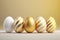 Realistic illustration of five striped Easter Eggs on a yellow background. Painted decorated Easter Eggs in white and yellow