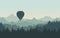 Realistic illustration of landscape with coniferous forest with pine trees under morning green sky. Flying hot air balloon. With