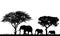 Realistic illustration of landscape with trees in african safari. A family of three elephants with a baby go in the grass, vector