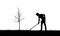 Realistic illustration with silhouette of a gardener man with rakes. Lawn and young tree without leaves, isolated on white