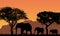 Realistic illustration with silhouettes of three elephants - family in african safari landscape with trees, mountains under orange