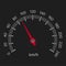 Realistic illustration of speedometer with red hand and white numbers with kilometers per hour. Isolated on black background,