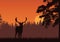 Realistic illustration of standing deer, grass and high tree. Forest under orange sky with sunrise or sunset. With space for text