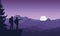 Realistic illustration of two tourist, man and woman with backpack, mountain landscape with coniferous forest under purple sky