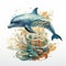 Realistic Illustration Of A Vibrant Dolphin Swimming Amongst Fish And Coral