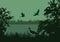 Realistic illustration of wetland landscape with river or lake, water surface and birds. Stork flying under green morning sky,