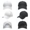 realistic illustration of a white and black textile baseball cap front, back and side view