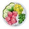 Realistic illustrations with Poke bowl with tuna, mango, cucumber, and beans. Hawaiian restaurant menu design. Top view