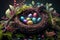 realistic ilustration, colorful easter eggs in a nest on natural background, generative ai