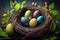 realistic ilustration, colorful easter eggs in a nest on natural background, generative ai