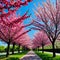 Realistic image of a park with an avenue of pink blossoming sakura trees