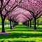 Realistic image of a park with an avenue of pink blossoming sakura trees