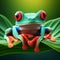 Realistic image of Red-eyed frog, which lives in tropical forests. AI generated