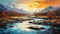 Realistic Impressionism: Serene River And Mountain Sunset Painting