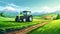 Realistic Impressionist Cartoon Illustration Of A Green Tractor On A Farm Field