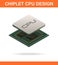 Realistic isometric modern chiplet CPU design front view.