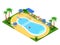 Realistic isometric outdoor swimming pool. Creative 3D vector illustration.