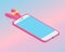 Realistic isometric smartphone in pretty girly kawaii case with bunny ears. Anime style