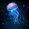 Realistic jellyfish blue lightening, poisonous jellyfish in dark deep water with glowing plankton, deep ocean creature