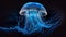 Realistic jellyfish blue lightening, poisonous jellyfish in dark deep water with glowing plankton, deep ocean creature