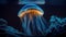 Realistic jellyfish blue lightening, poisonous jellyfish in dark deep water with glowing plankton, deep ocean creature