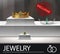 Realistic jewelry advertising template with gold crown and ring silver diadem with emeralds and pearls