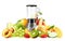 Realistic Juicer blender. Kitchen blender with set of fruits, bananas, oranges, kiwi, peach, grapes, strawberry, apple, mango,