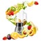 Realistic Juicer blender. Kitchen blender with set of fruits, bananas, oranges, kiwi, plum, peach, grapes, strawberry, apple,