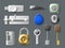 Realistic keys and locks. 3d isolated metal door locks, latches for doors and cupboard, padlocks and keyholes, open and