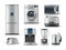 Realistic kitchen appliance. 3D consumer electronics. Metallic grey color washer and refrigerator. Electric kettle and