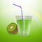 Realistic Kiwi juice in a plastic Cup. Vector illustration with kiwi and Cup of juice