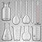 Realistic laboratory glassware, glass test tubes beaker and flask. Chemical laboratory transparent glass 3d equipment vector