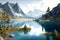 Realistic lake and mountain landscape wallpaper design illustration