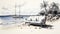Realistic Landscape Drawing: White Sofa And Sailboat On Beach