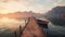 Realistic Landscape Of An Empty Dock With A Boat And Mountains