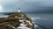 Realistic landscape illustration of lighthouse on coast during storm with lightning
