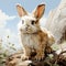 Realistic Landscape Illustration Of A Little Brown Bunny On A Rock