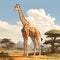 Realistic Landscape Illustration Of A Majestic Giraffe In Africa