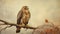 Realistic Landscape Painting Of A Hawk On A Branch In Autumn Colors