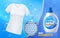 Realistic laundry detergent. Clean white t-shirt, washing clothes gel in plastic bottle, soap bubbles and fabric fibers