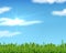 Realistic lawn and sky. 3D spring grass background with sun and clouds. Vector banner for business presentation and