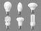 Realistic led light bulb. Modern energy saving lamps, 3d fluorescent objects, different shapes electricity elements
