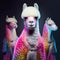 Realistic lifelike alpaca in disco neon glitter bright outfits, surreal surrealism, Generative AI