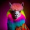 Realistic lifelike alpaca in fluorescent electric highlighters ultra-bright neon outfits, commercial, editorial. Generative AI
