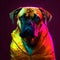 Realistic lifelike bullmastiff dog puppy in fluorescent electric highlighters ultra-bright neon outfits