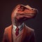 Realistic lifelike dinosaur in dapper high end luxury formal suit and shirt, commercial, editorial advertisement