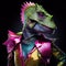 Realistic lifelike dinosaur in disco neon glitter bright outfits, surreal surrealism, Generative AI